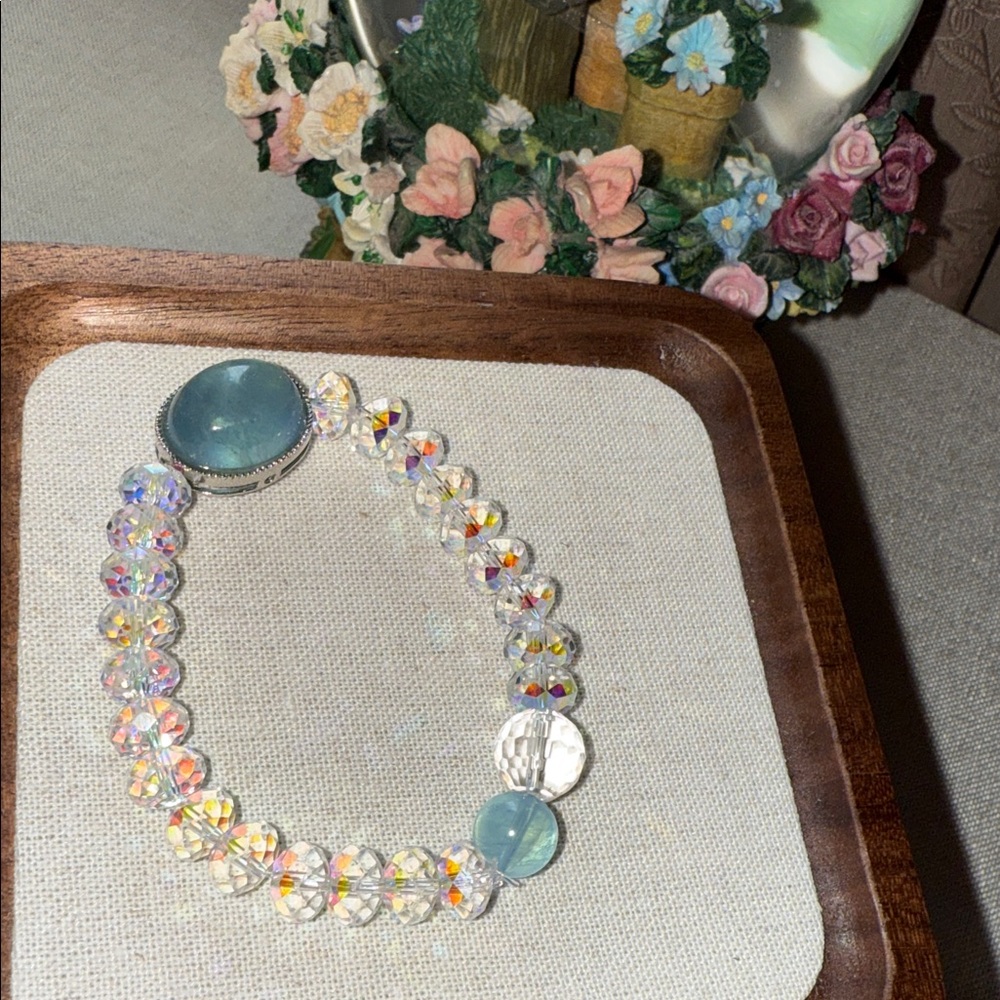Natural Aquamarine & Swarovski AB Crystal Bracelet, One of a Kind Design，New！